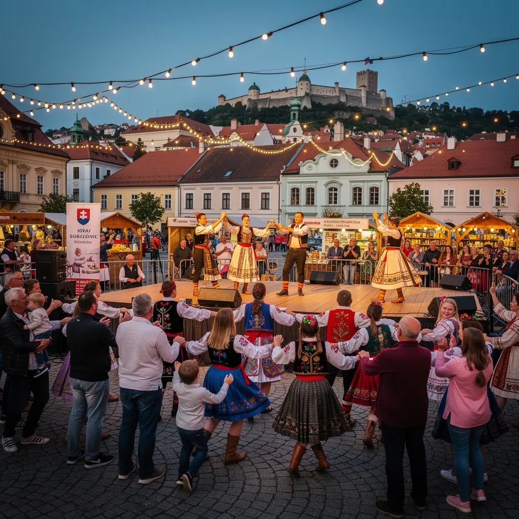 A scenic view of Bratislava's iconic castle illuminated at sunset, showcasing the picturesque skyline.