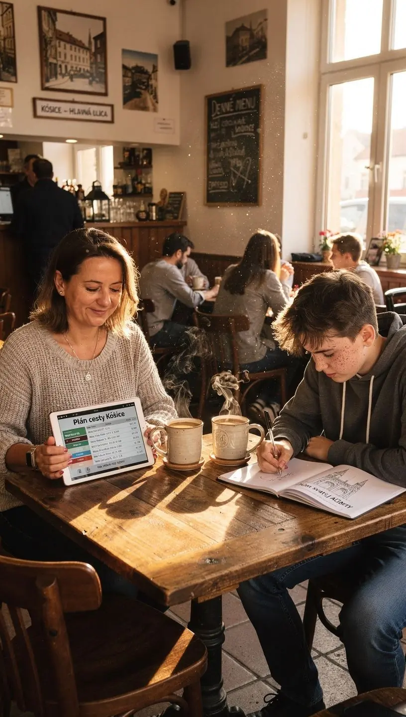 An aerial view of the historic square in Prešov, highlighting its vibrant architecture and lively atmosphere.